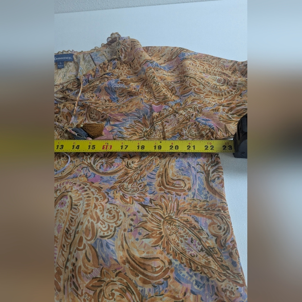 Democracy Womens Yellow Brown Paisley Sheer Peasant Top + Blouse Size L $88 EUC - Picture 10 of 13